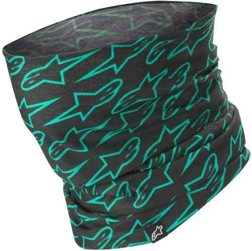 Multifunctional headwear featuring a black background with a repeating turquoise Alpinestars logo pattern, made from a stretchy, breathable material.