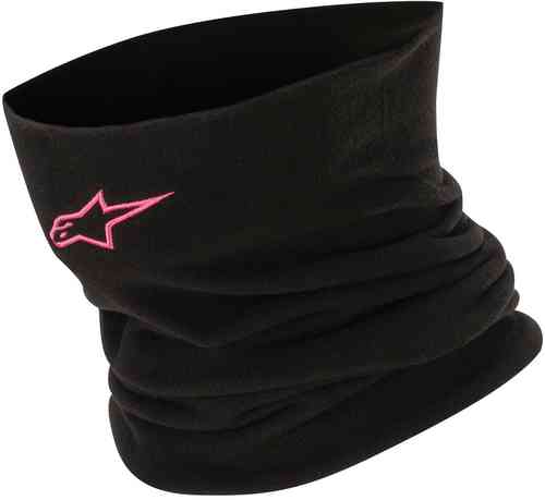 Multifunctional black neck tube made of soft fabric, featuring a stylish pink Alpinestars logo, designed for versatile wear and comfort.