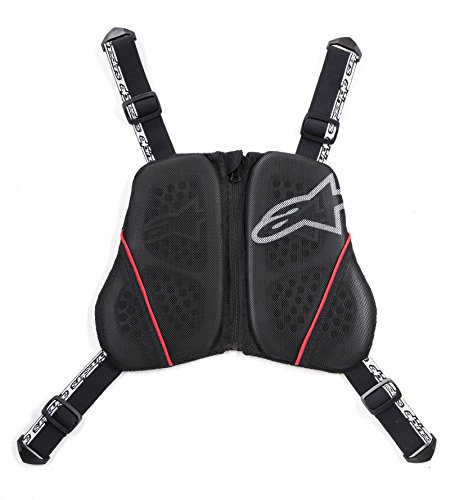 Black Alpinestars Nucleon KR-C chest protector with a mesh design, featuring molded padding, adjustable straps, and a prominent Alpinestars logo in grey and red accents.