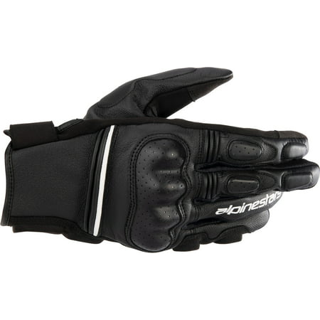 Black and white leather motorcycle gloves featuring knuckle protection, perforated details for ventilation, and a secure wrist strap, designed for comfort and safety.