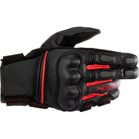 Black leather motorcycle gloves with red accents, featuring padded knuckles, perforated sections for breathability, and a secure wrist closure, size XL.
