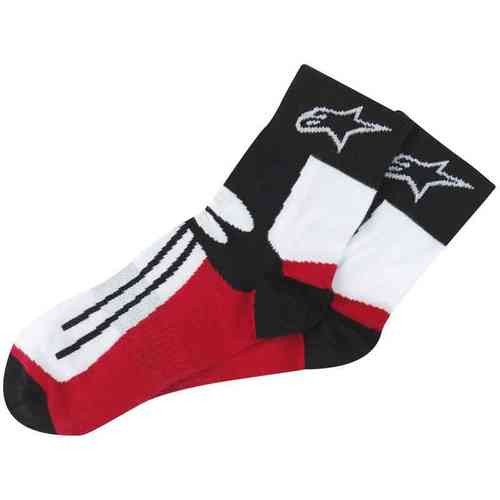 Black and red Alpinestars Racing Road Short Socks featuring a logo, striped design, and a soft material, available in size S/M for men.