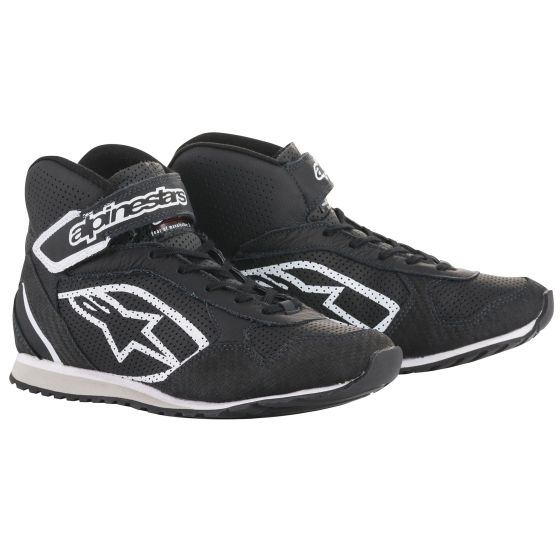 Black Alpinestars Radar Co-Driver/Mechanics Boots, UK 11/Eur 45.5, featuring a sleek design with mesh panels, white logo detailing, and a supportive ankle height.