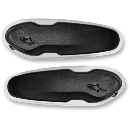 Black and white Alpinestars toe sliders featuring a sleek design with a textured black surface and the Alpinestars logo embossed in white for enhanced grip and performance.