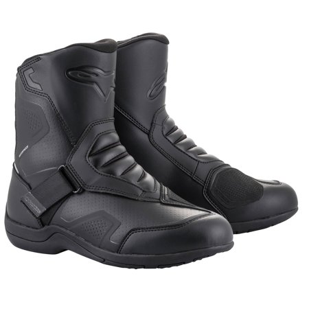 Black waterproof Alpinestars Ridge V2 short boots, size 46 EU, featuring a sleek design, textured panels, and a secure strap for enhanced fit and comfort.