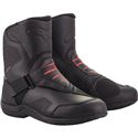 Black motorcycle touring boots with red accents, made from durable material, featuring a high-top design, adjustable straps, and reinforced toe and ankle protection.