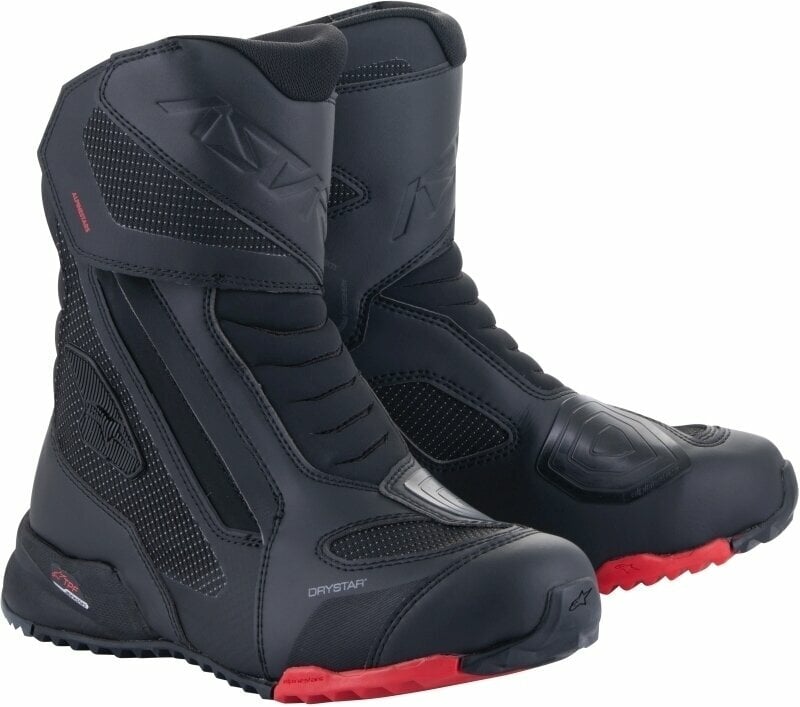 Black and red Alpinestars RT-7 Drystar boots featuring a sleek design, textured panels, and a durable sole, sized 45 EU for optimal fit and performance.