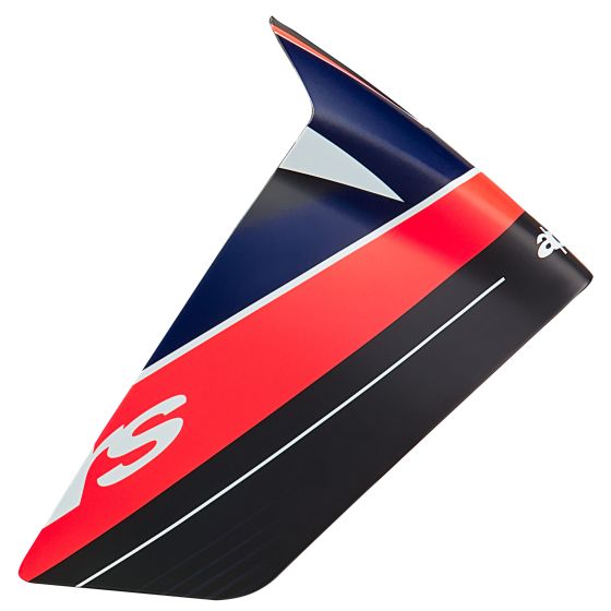 Black, neon red, and dark blue race spoiler with a sleek design, featuring Alpinestars branding and aerodynamic contours, suitable for competitive racing use.