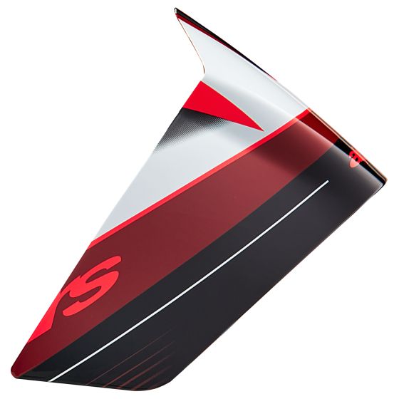 Black, dark red, and white race spoiler with a sleek aerodynamic design, featuring the Alpinestars logo and sharp angular edges, made for enhanced performance.