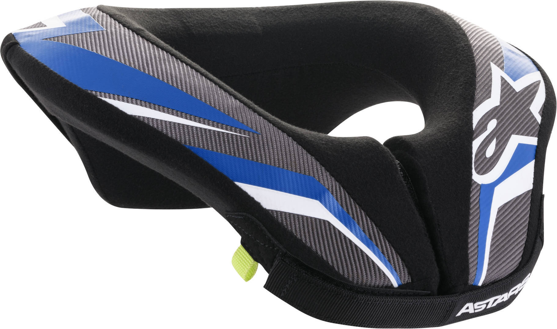 Black and blue Alpinestars Sequence Youth Motocross Neck Guard, featuring a padded design, adjustable strap, and distinctive graphic accents for enhanced protection and comfort.