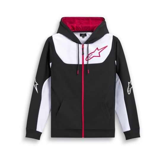 Black, white, and red zip hoodie featuring a large white chest panel, contrasting red interior, and Alpinestars logo on the chest and sleeve, designed for a sporty look.