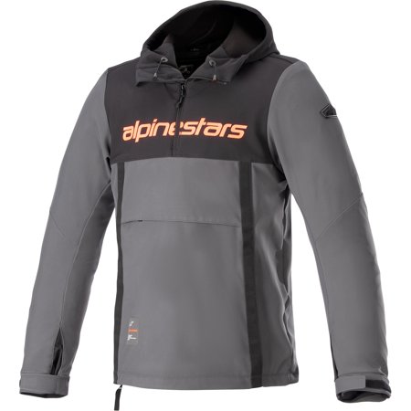 Black and grey textile hoodie jacket with a neon-red "alpinestars" logo, featuring a front pocket, adjustable hood, and a sporty design, size XXL.