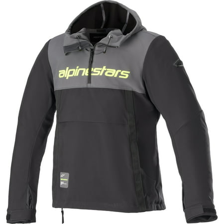Grey and black textile hoodie jacket with neon yellow "alpinestars" logo, adjustable hood, front pocket, and elastic cuffs, available in size XXL.