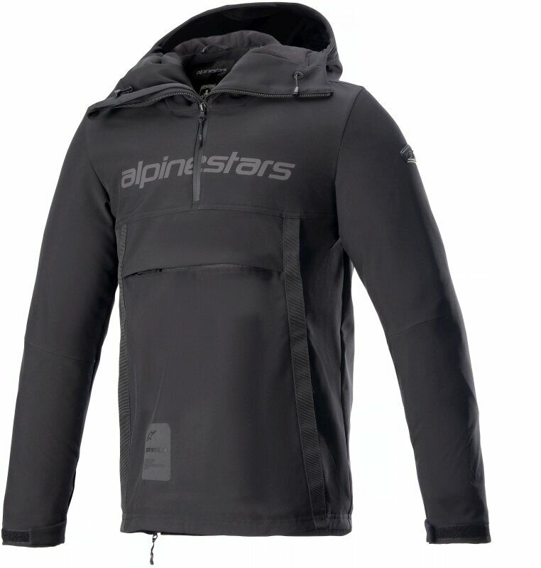 Black Alpinestars Sherpa Hoodie made of textile, featuring a half-zip front, adjustable hood, and logo detailing on the chest, size S.