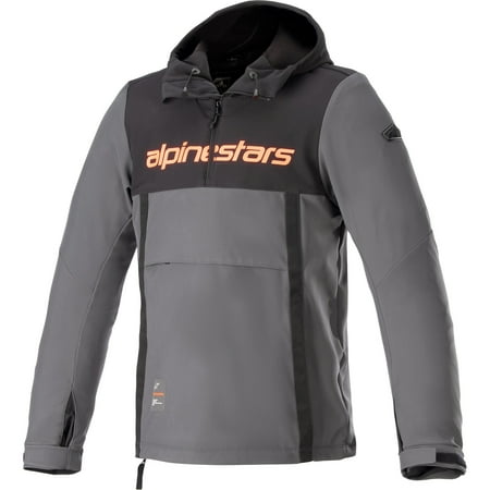 Black and grey textile hoodie jacket with neon-red "alpinestars" logo, featuring a front pocket, adjustable hood, and a sporty design, size S.