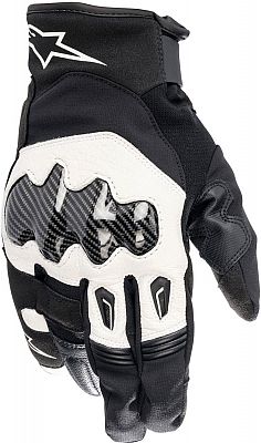 Black and white Alpinestars SMX-1 Drystar® waterproof motorcycle gloves featuring a carbon fiber knuckle protection, reinforced palm, and breathable fabric, size L for men.
