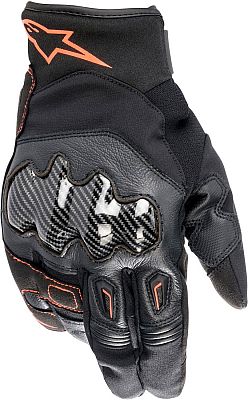 Black and neon-red Alpinestars SMX-1 Drystar gloves in size M, featuring a combination of leather and textile materials, with carbon fiber knuckle protection and reinforced palm.