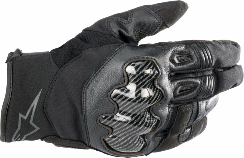 Black Alpinestars SMX-1 Drystar gloves in size S feature a mix of leather and textile materials, with carbon fiber knuckle protection and a sleek, ergonomic design.