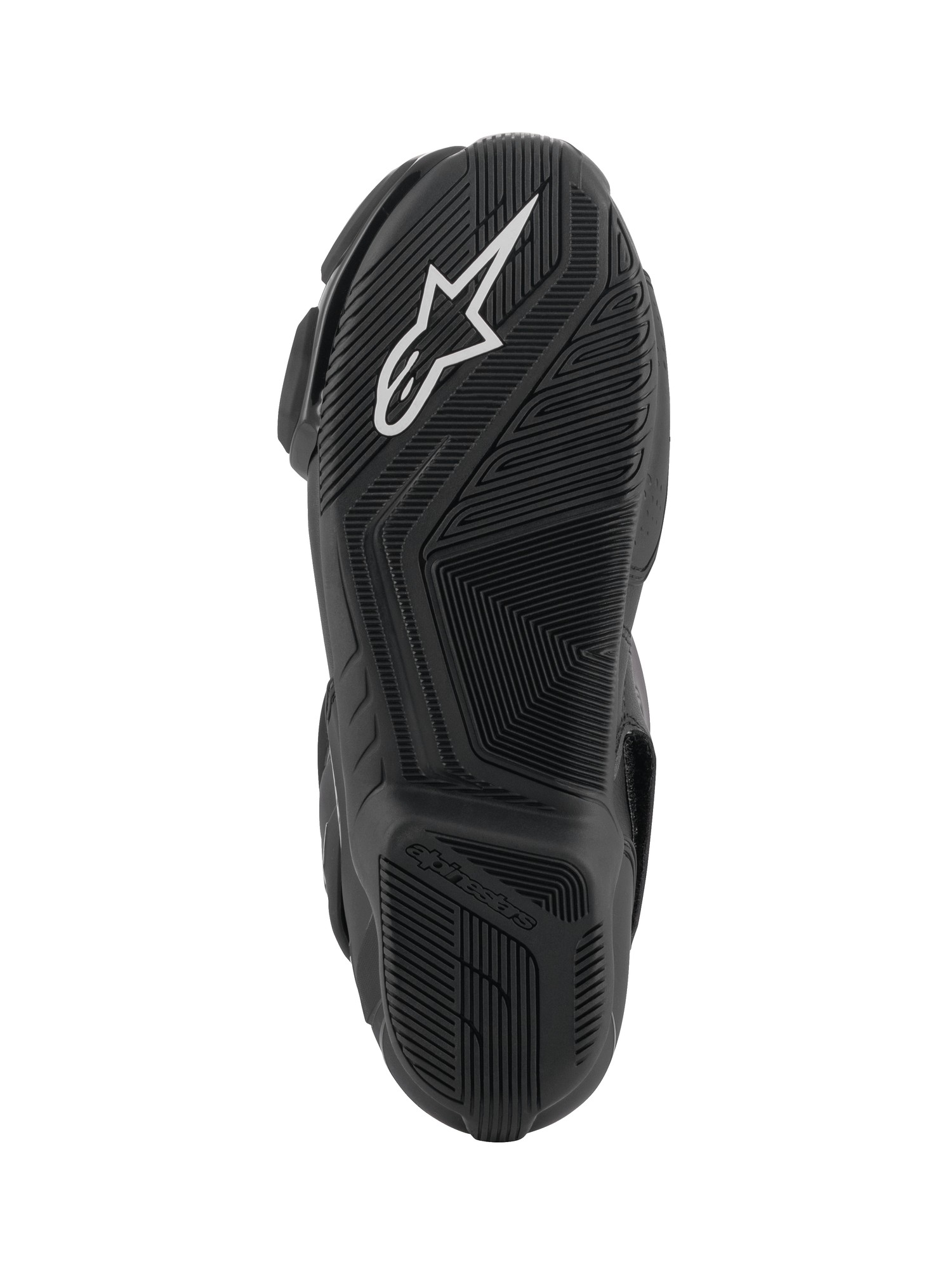 Black and white Alpinestars SMX-6 V3 motorcycle boots, size 44 EU, featuring a textured rubber sole, sleek design, and iconic logo on the side.