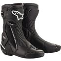 Black motorcycle racing boots featuring a sleek design, made from durable materials with a textured finish, reinforced toe, and Alpinestars logo prominently displayed.