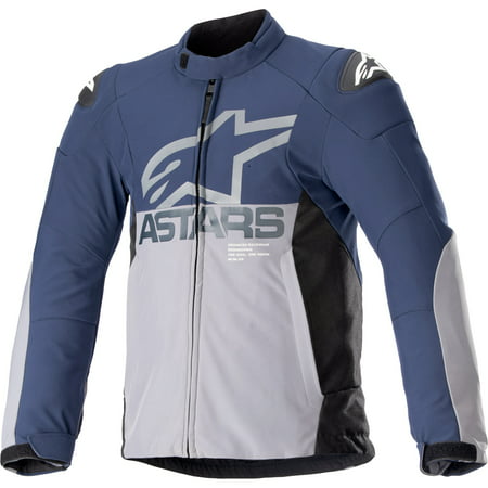 Navy and gray waterproof motorcycle jacket featuring a prominent Alpinestars logo, padded shoulders, and a sleek design, available in size 3XL.
