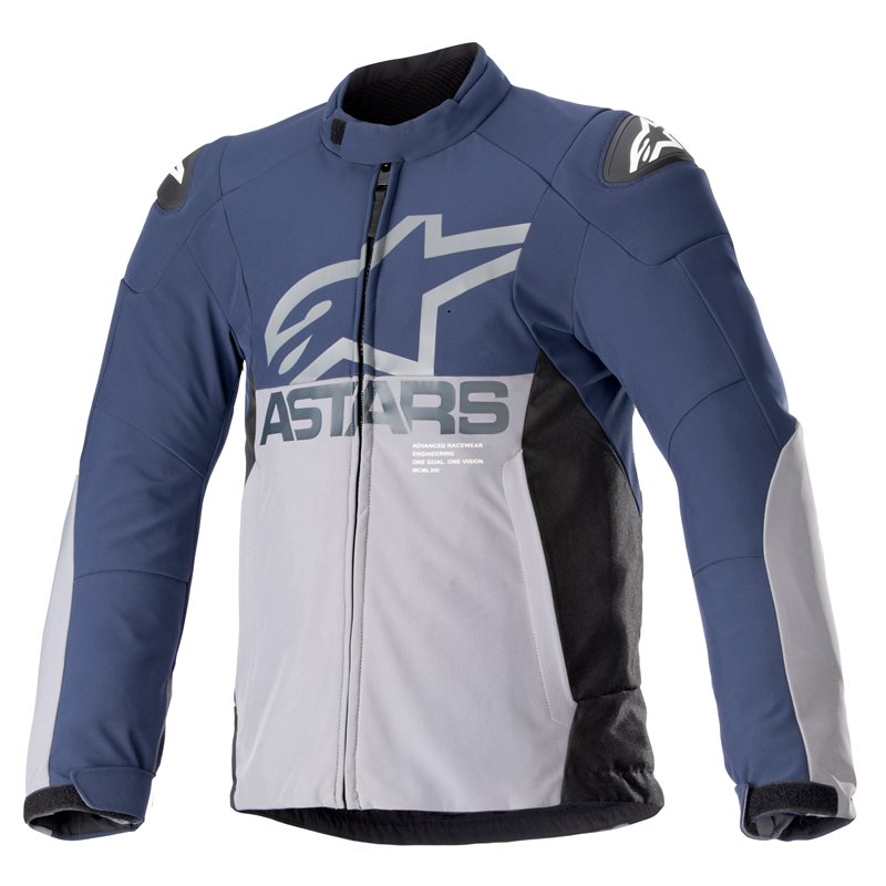 Dark blue and grey textile jacket with waterproof material, featuring a prominent Alpinestars logo, zip closure, and padded shoulders, size M.