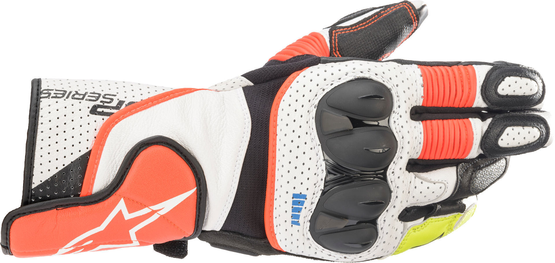 White, red, and black leather motorcycle gloves featuring perforated sections, padded knuckles, and a secure wrist closure, designed for enhanced grip and protection.