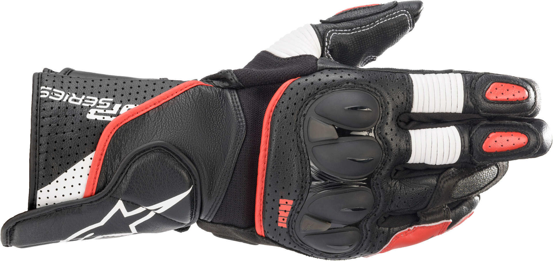 Black and white leather motorcycle gloves with bright red accents, featuring hard knuckle protection, perforated panels for breathability, and a secure wrist closure.