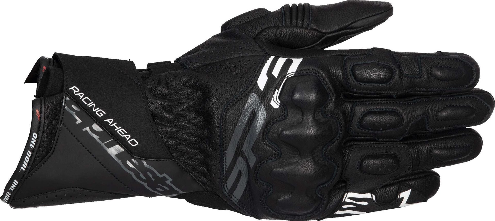 Black Alpinestars SP-3 motorcycle gloves in size S for men, featuring a sleek design, padded knuckles, and reinforced palm for protection and grip.