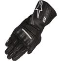 Black leather motorcycle gloves with white and red accents, featuring knuckle protection, reinforced palms, and a Velcro wrist strap for secure fit.