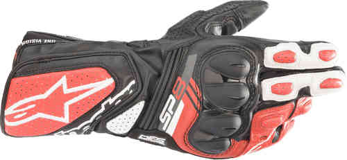 Black leather gloves with neon red and white accents, featuring reinforced knuckles, perforated panels for ventilation, and Alpinestars branding, sized XXL.