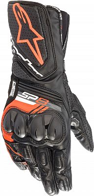 Black and neon-red Alpinestars SP-8 V3 gloves, featuring a sleek design, protective knuckle armor, perforated leather for ventilation, and a comfortable fit in size large.