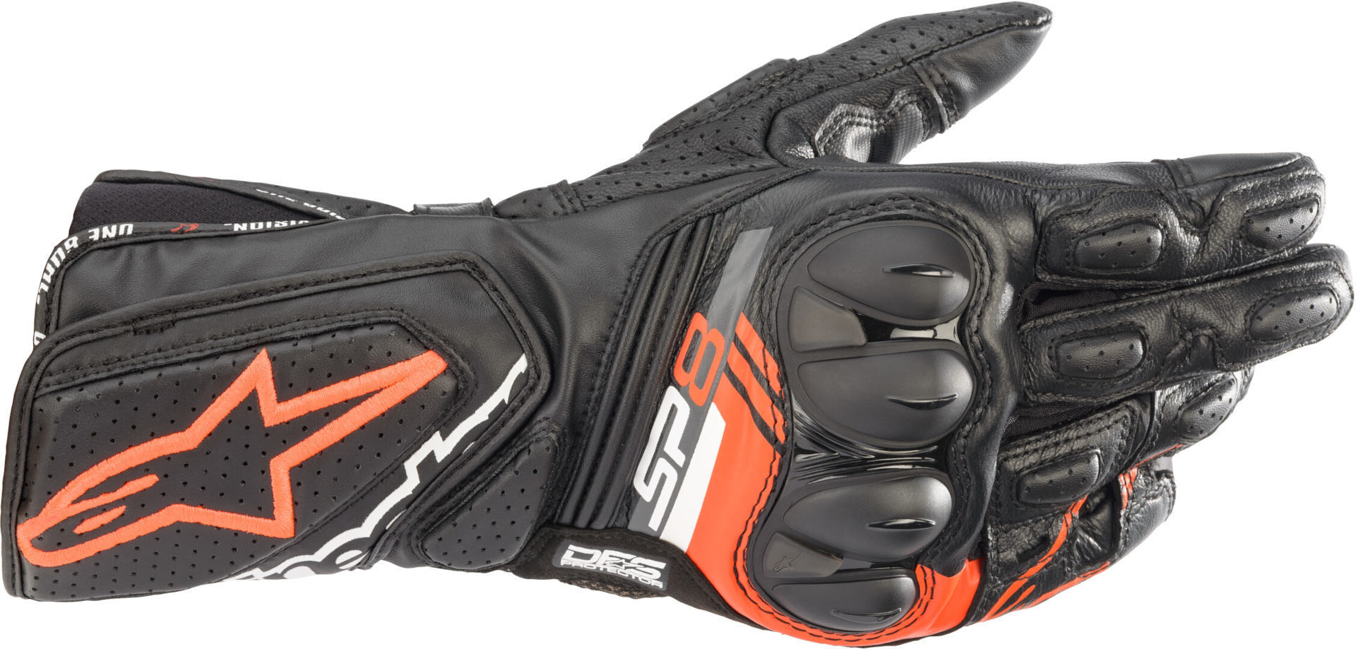 Black leather gloves featuring neon-red accents, protective knuckle armor, and the Alpinestars logo, designed for motorcycle use, size medium.