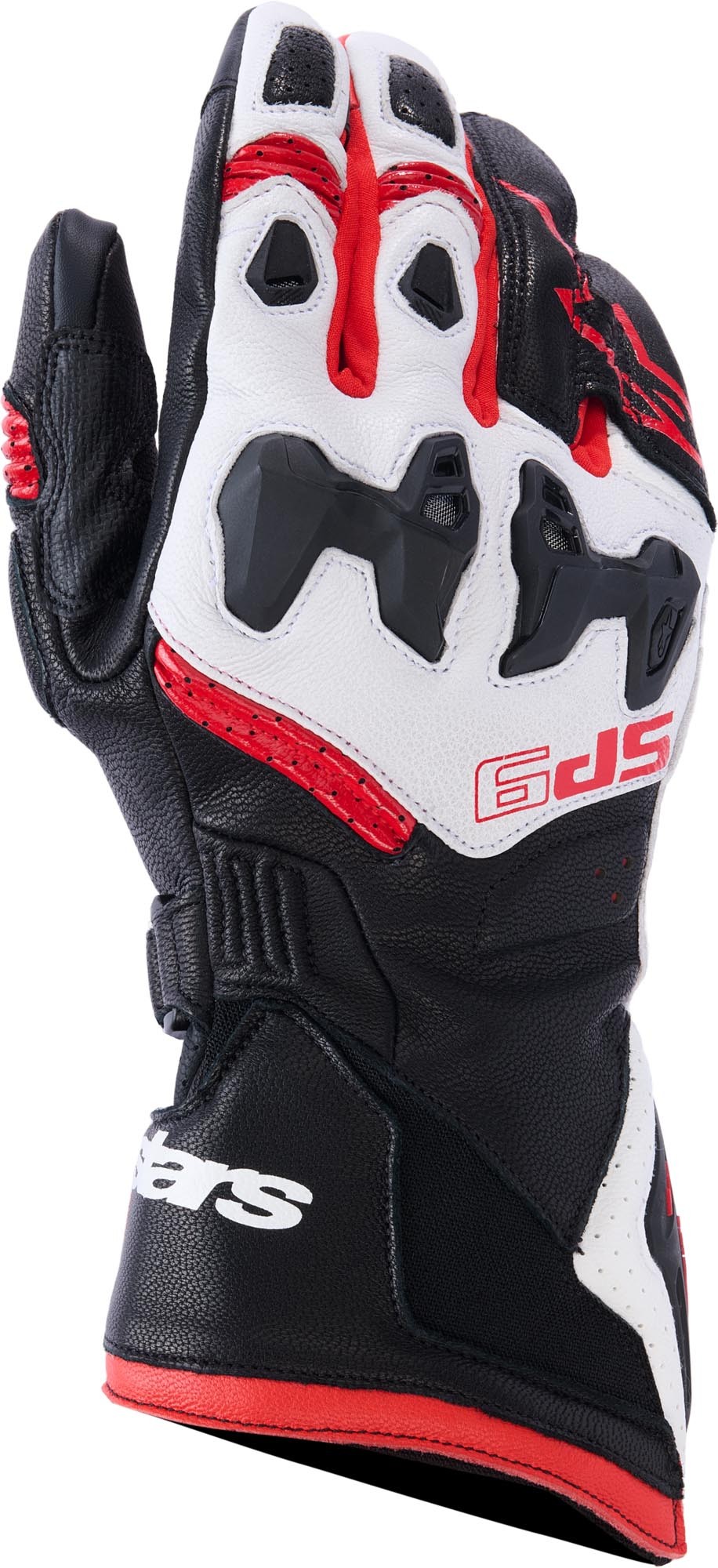 Alpinestars SP-9 gloves in black, white, and light red, featuring a sleek design with reinforced knuckles and a textured palm for grip, size L.