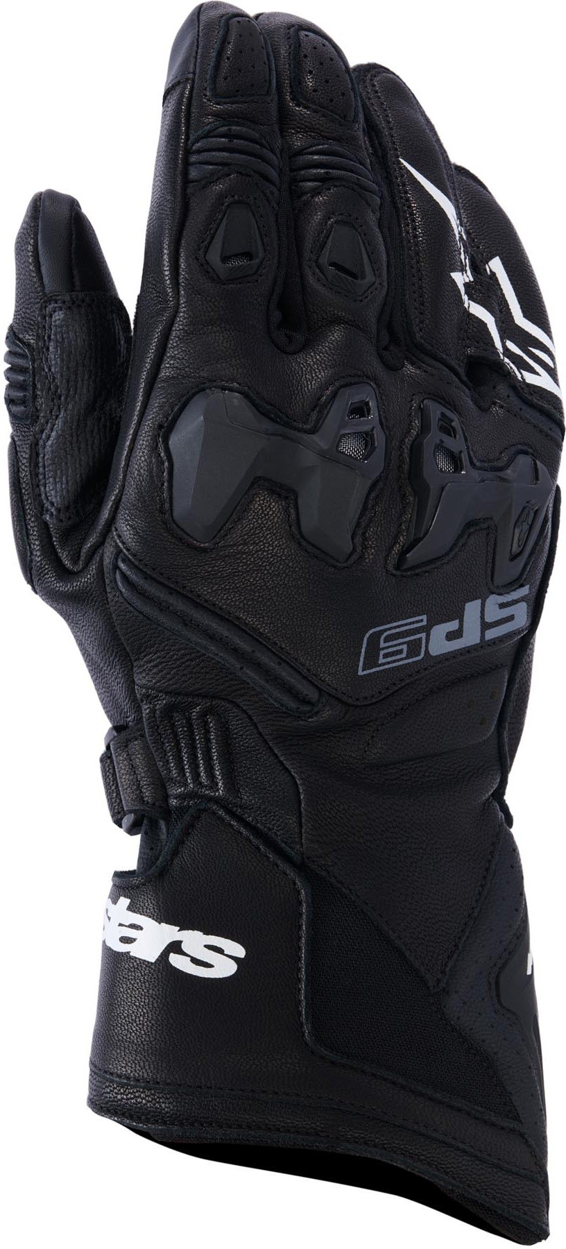 Black and white Alpinestars SP-9 motorcycle gloves in size S for men, featuring a leather exterior, protective knuckle armor, and reinforced palm for enhanced grip and safety.