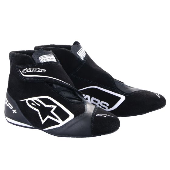 White and black Alpinestars SP+ Race Boots, featuring a sleek design, soft suede material, reinforced toe, and ankle support, sized UK 8 / EUR 42.