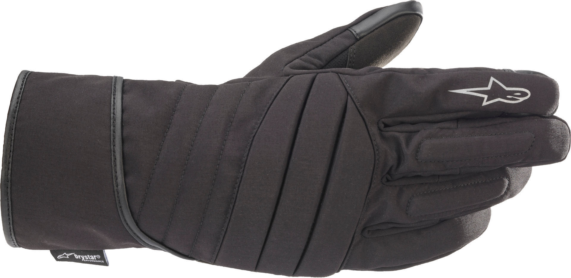 Black Alpinestars SR-3 V2 Drystar motorcycle gloves in size 2XL, featuring a padded design, textured grip, and the Alpinestars logo on the wrist.
