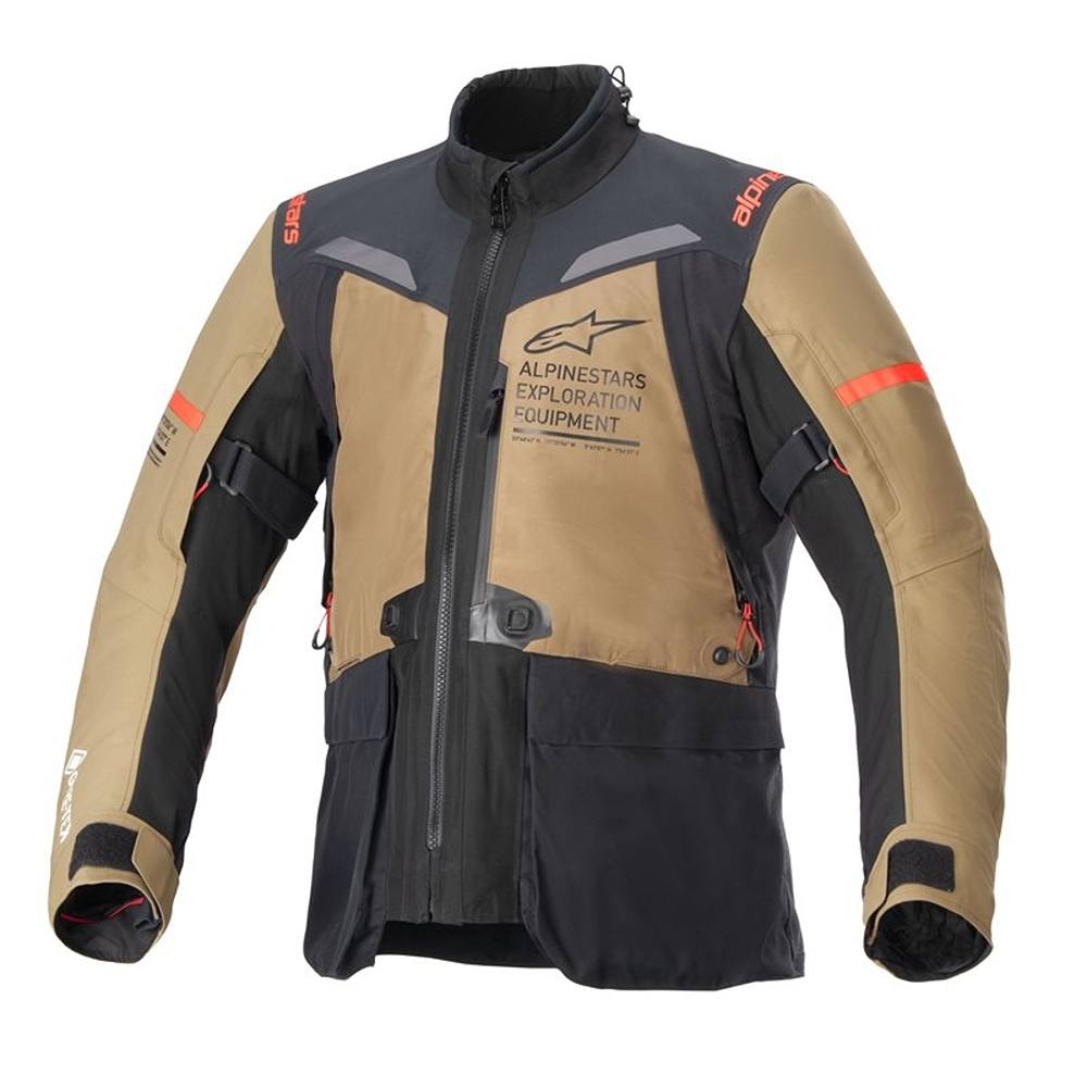 Light brown and black textile jacket made from Gore-Tex, featuring a zip front, adjustable cuffs, and reflective accents, labeled with "Alpinestars Exploration Equipment," size XXL.