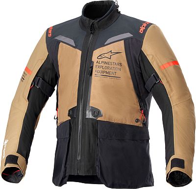 Light brown and black Alpinestars ST-7 2L textile jacket made of Gore-Tex, featuring reflective accents, adjustable straps, and multiple zippered pockets, size L.