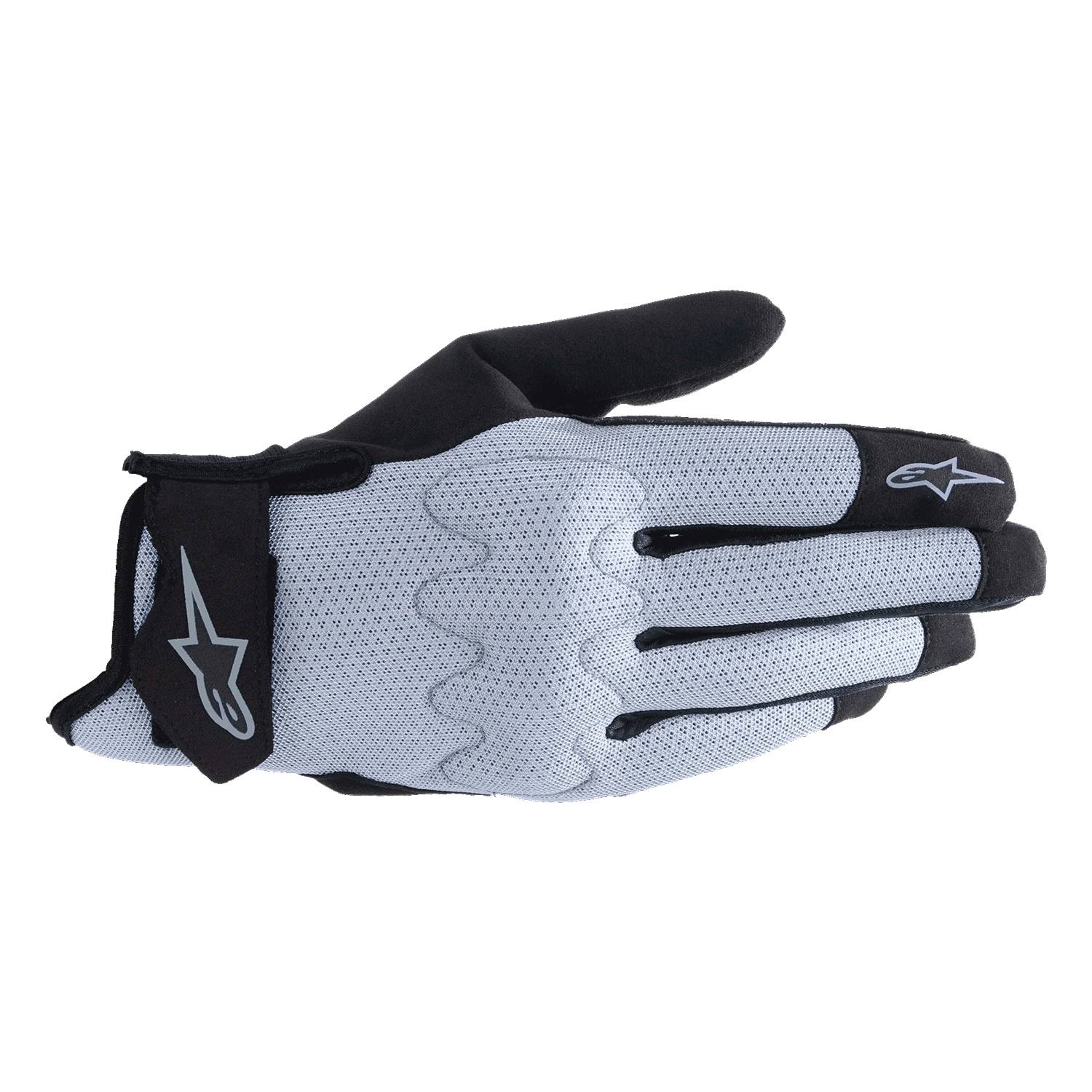 Light blue and black Alpinestars Stated Air gloves in size M, featuring a breathable mesh material, padded knuckles, and a secure wrist closure.