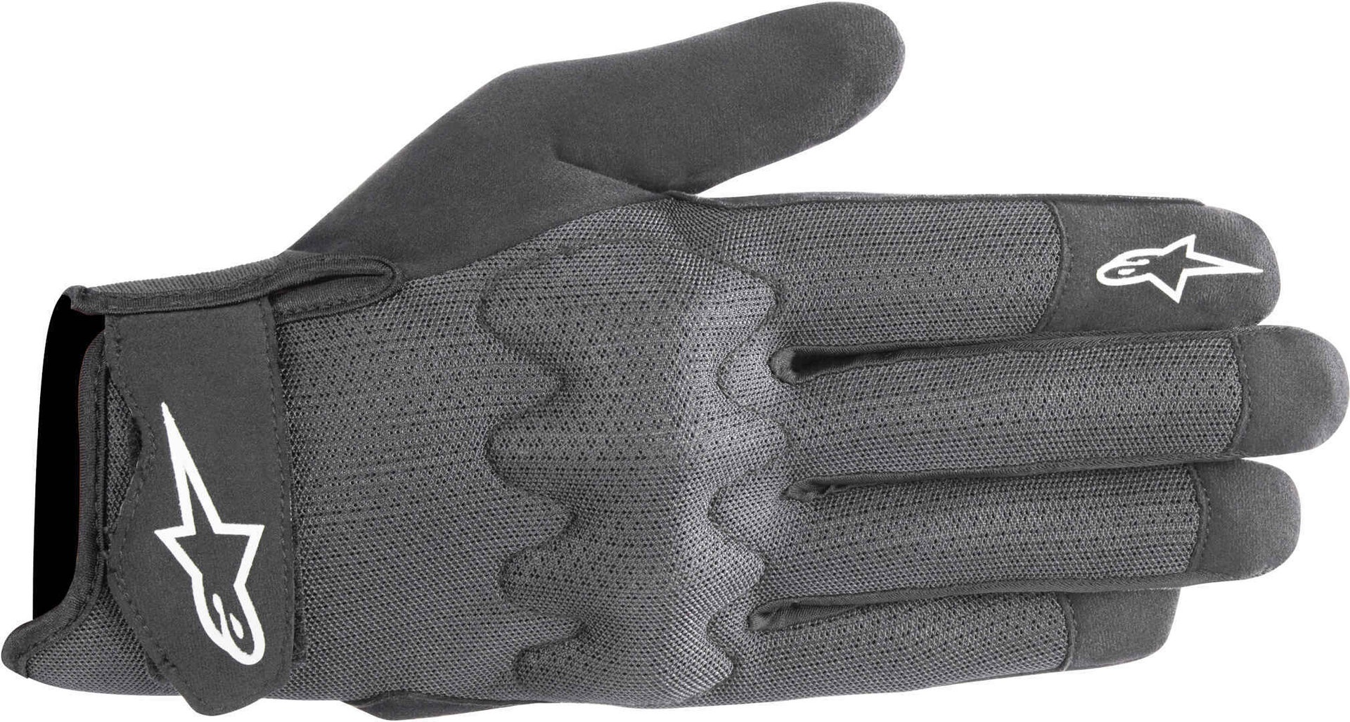 Light blue and black Alpinestars Stated Air gloves in size small, featuring a breathable mesh material, reinforced knuckles, and an adjustable wrist strap for a secure fit.