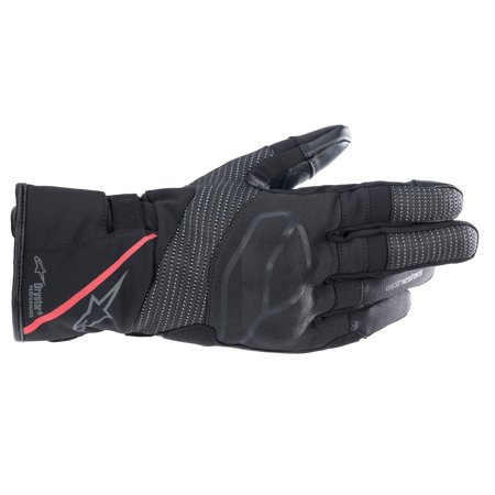 Black and coral motorcycle gloves featuring a waterproof DryStar material, reinforced knuckles, and textured grip for enhanced control and comfort.