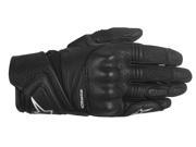 Black leather motorcycle gloves for women featuring padded knuckles, reinforced palm, and Alpinestars logo, designed for comfort and protection while riding.