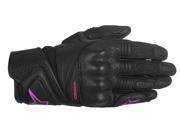 Black leather motorcycle gloves with white and fuchsia accents, featuring padded knuckles, reinforced palm, and adjustable wrist closure, designed for ladies in size XL.