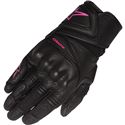 Black leather motorcycle gloves for ladies, featuring pink accents, a secure wrist strap, and padded knuckles for protection, designed by Alpinestars, size XL.