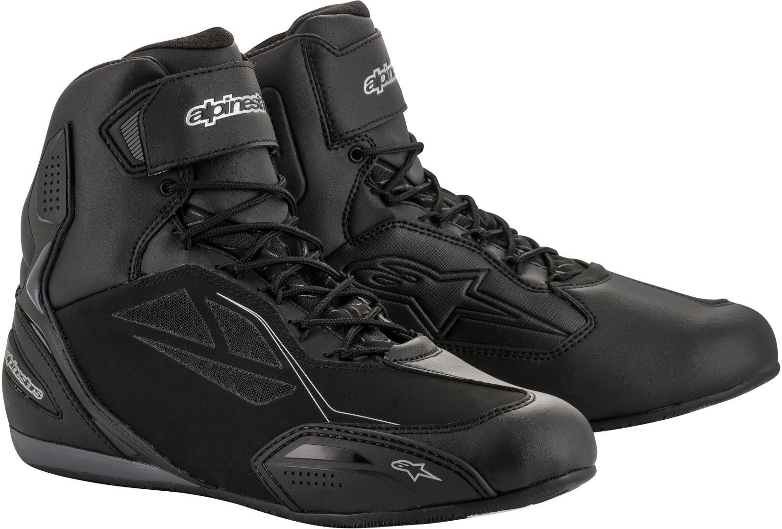 Black and silver Alpinestars Stella Faster 3 DryStar ladies motorcycle boots, featuring a sleek design, lace-up front, and reinforced ankle protection, size US 11.5 (UK 10.5).