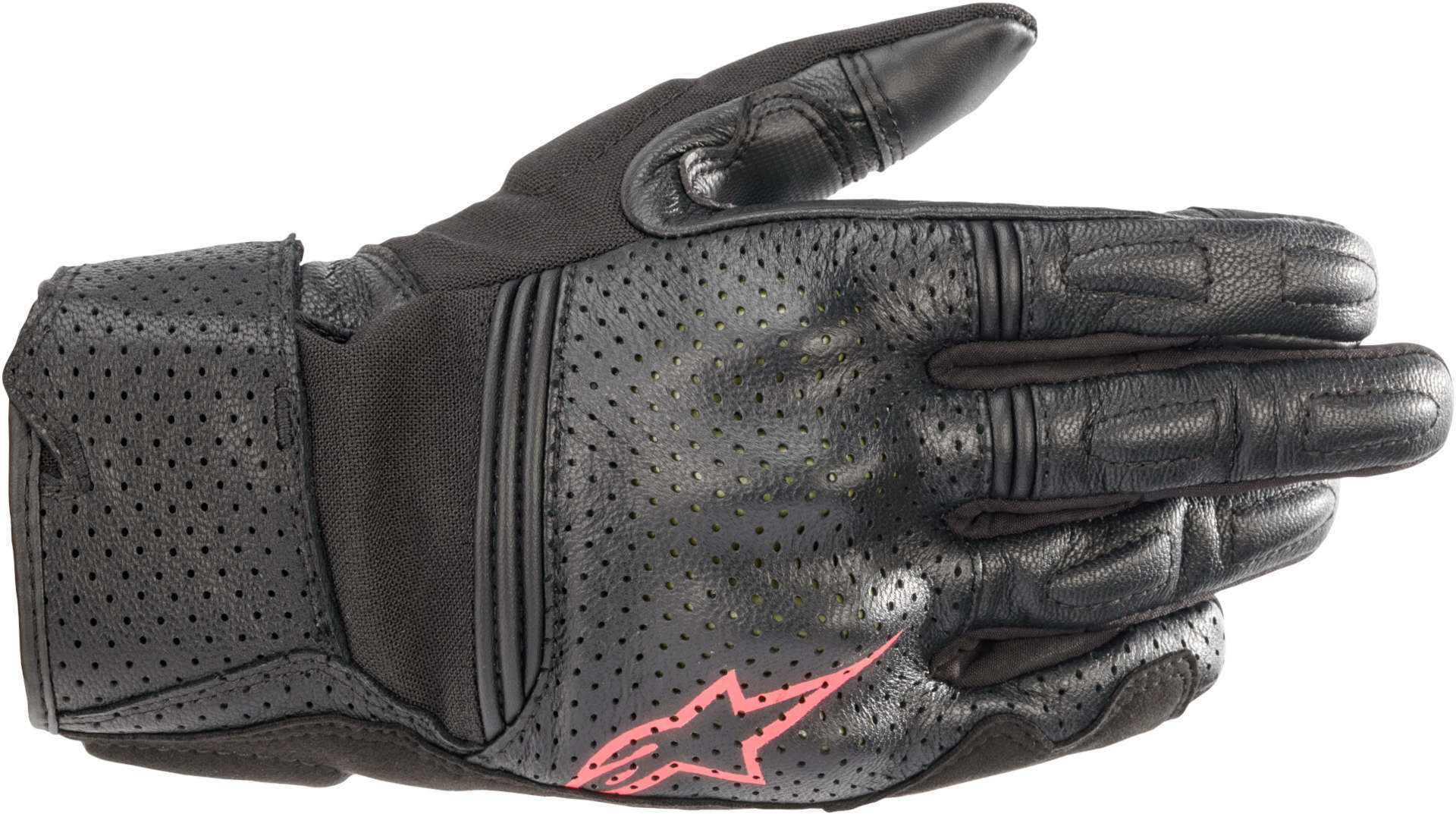 Black leather motorcycle gloves for women with pink accents, featuring perforated panels for ventilation and reinforced fingers for added protection.