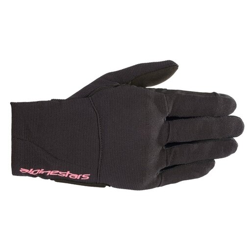 Black and fuchsia Alpinestars Stella Reef ladies' motorcycle gloves in size XS, featuring a sleek design with reinforced stitching and a comfortable fit for riding.