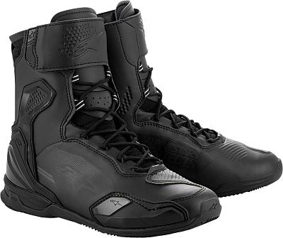 Black Alpinestars Superfaster short boots featuring a sleek design, reinforced toe, ankle protection, and a secure lace-up closure, size 12 US.