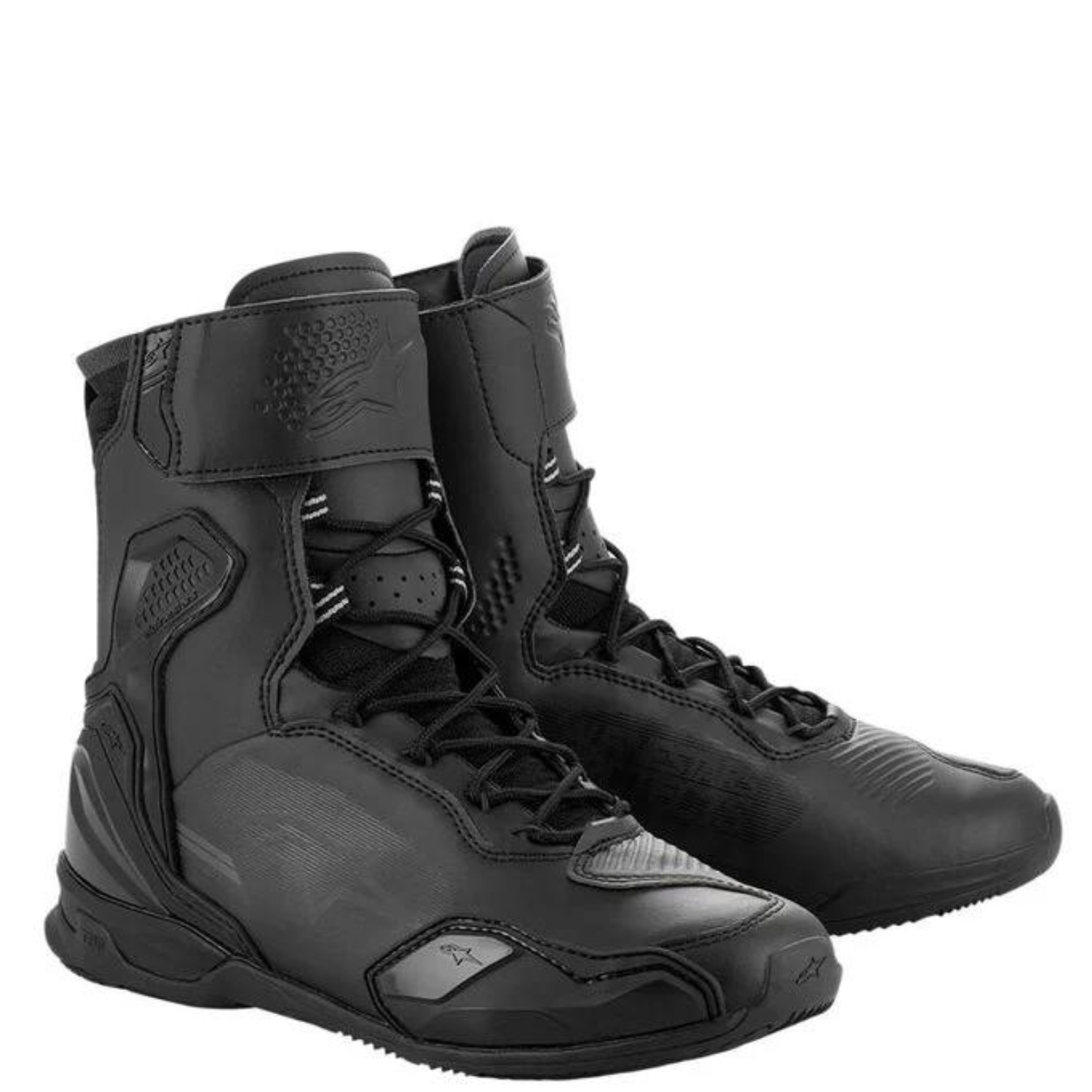 Black Alpinestars Superfaster short boots in size 6 US, featuring a sleek design, lace-up front, and textured materials for enhanced grip and support.